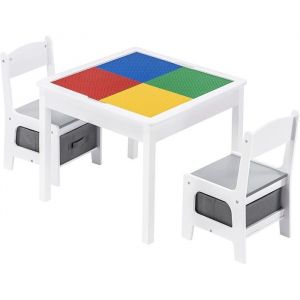 Image de GINGER HOME Table Enfant + 2 Chaises &iquest; Plateau Double Face Compatible LEGO &iquest; Bois Blanc/Gris &iquest; D&egrave;s 3 Ans
