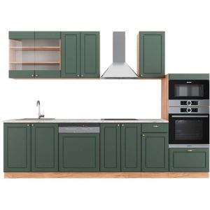 Vicco cuisine Fame-Line, Chêne vert et or/chêne doré, 300 cm avec armoire haute, PT Marbre