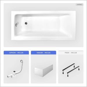 Baignoire rectangulaire - 140 x 70 cm - avec Tablier Blanc - Pieds - Vidage Chrome - TALIA