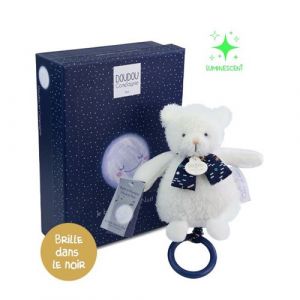 Doudou et Compagnie Ours Musical CLAIR DE LUNE – Peluche Boîte à Musique Blanche – Brille dans le Noir – Apaisant pour Bébé – Idée Cadeau Naissance – Présenté en Boîte Cadeau Étoilée - DC4317