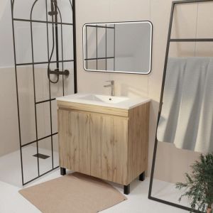Aurlane Meuble salle de bains 70 cm décor chêne naturel à portes - vasque céramique blanche et miroir 70x50