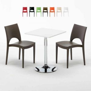 Image de Grand Soleil Table Carr&egrave;e Blanc + 2 Chaises Color&eacute;es Set Interieur Bar Caf&eacute; COCKTAIL | Paris Marron Moka - Blanc - Carr&eacute;