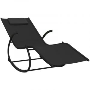 Transat chaise longue bain de soleil lit de jardin terrasse meuble d'extérieur à bascule noir acier et textilène 02_0012975