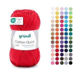 Gründl Laine Cotton Quick uni - Laine pour crochet - 100% coton - Laine pour tricot - Fil de coton brillant - 1 pelote de 50 g / 125 m - Taille des aiguilles 3-4 - Rouge feu