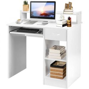 COSTWAY Bureau d'Ordinateur avec Tiroir et 2 Etag&egrave;res de Rangement Bureau Informatique avec Plateau &agrave; Blanc