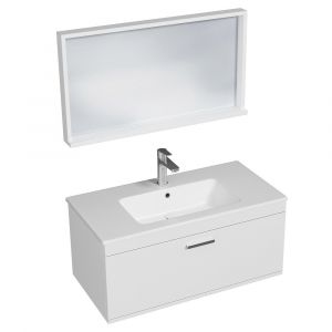 Rubite Meuble salle de bain simple vasque 1 tiroir largeur 90 cm + miroir cadre Blanc