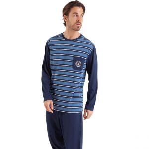Athena Pyjama long col rond homme Rayures Cap Horn bleu en coton