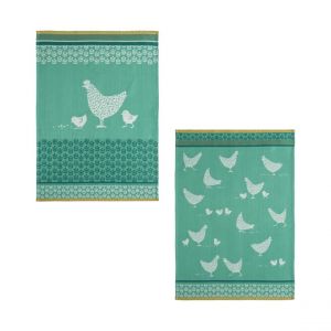 Image de Coucke Lot de 2 torchons imprimées en jacquard de coton, Cocotte et Poulettes