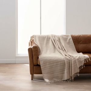 Plaid LILIA 240 x 260 cm &ndash; 100 % coton &ndash; Plaid &agrave; franges Beige