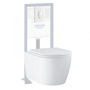 Grohe Pack WC suspendu sans bride Start Round + abattant frein de chute + B&acirc;ti-support autoportant + Plaque blanc alpin