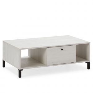 Table Basse Javea 1 tiroir et 2 niches, Couleur Blanc et Bois, 100 cm Largeur - blanc