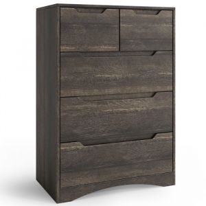 Commode Chambre 5 Tiroirs Meuble Rangement Chambre Salon Porche Poignée Intégrée Dispositif Anti-trébuchement Marron Foncée - Bealife
