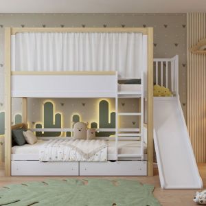 Lit Superposé Enfant 90x200 Pin/MDF Blanc/Naturel, 2 Tiroirs Roulettes + Toboggan, Rideau Tissu - Sans Matelas