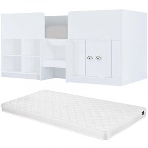 Lit mi-hauteur 90 x 190 cm avec rangements - Coloris : Blanc + Matelas - boutanio