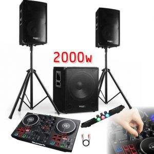 Ibiza Sound Pack Sono Caisson 800W - 2 Enceinte 600W - Pieds - Contrôleur DJ Numark PARTYMIX2 - Soirée - Mix DJ - Anniversaire