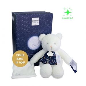 – CLAIR DE LUNE – Ours Doudou Pantin 28 cm – Peluche Blanche Ultra Douce – Brille dans le Noir – Idée Cadeau Naissance – Livré en Boîte Cadeau Étoilée – Pour Bébé - DC4218
