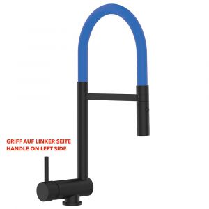 Robinet De Cuisine Mitigeur Noir Mat Rabattable Sous Fenêtre 60mm - Poignée À Gauche - Bec Bleu Orientable Et Douchette 2 Jets Détachable Vizio