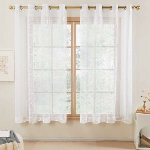 Lot de 2 Rideaux Voilages Broderie Effet Lin &agrave; Motif Feuille &agrave; Oeillet, 140x138 cm, Blanc - Blanc - Deconovo