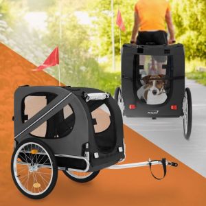 Image de Remorque 2in1 de V&eacute;lo et Poussette de Chien, Pliable, Noir-Gris, Acier/Tissu Oxford, 130x72x90 cm, Chariot avec R&eacute;flecteurs Laisse et Drapeau, Charge
