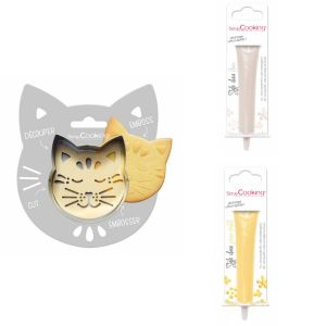 Kit pour biscuit en relief Chat + 2 Stylos au chocolat blanc et jaune pastel