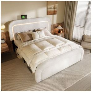 Lit double 160x200 cm - JAERLIUB - &Eacute;clairage LED - Charge USB C - Capitonn&eacute; - Bois blanc