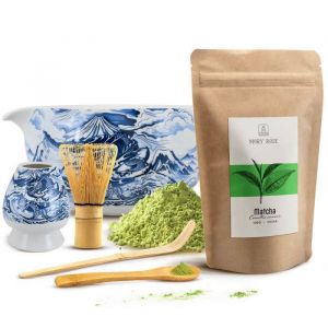 Image de Matcha Kit Th&eacute; Mary Rose 100g Accessoires Matcha Bol en C&eacute;ramique Bleu Blanc Dragon 350 ml Bambou Fouet Chasen Cuill&egrave;re