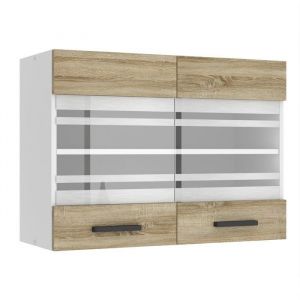 Meuble Haut Cuisine SGW80 i Meubles de Cuisine - Mural, Rangements, 2 Portes Vitrées i Taille: 29,6 x 80 x 58 cm i Armoire Murale avec Poignée en
