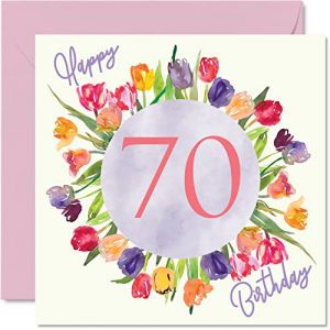 Stuff4 Belles cartes d'anniversaire 70 ans pour femme – Bouquet de tulipes aquarelles – Carte d'anniversaire pour elle, grand-mère, grand-mère, grand-mère, cadeau d'anniversaire, 145 mm x 145 mm