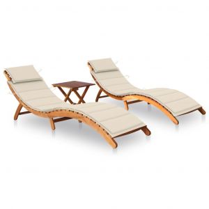 VidaXL Chaises longues 2 pcs avec table et coussins Acacia solide - Crème