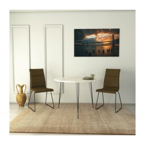 Menzzo Table ronde Gillson D90cm Métal Noir et Bois Effet Marbre Blanc