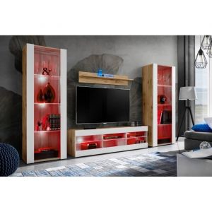 Meuble TV Tivoli Set Grande Komodee - LED RGB - Blanc Mat & Bois naturel - L~195cm x H~159cm x P35cm