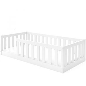 Interbeds - Lit enfant Bella Dim. Couchage 80x160 Style Montessori – Au sol- Barrière de Sécurité - Sommier à Lattes- Bois Massif- Pin-Sans matelas