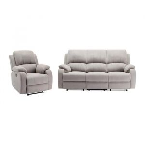 Canapé 3 places et fauteuil relax en microfibre gris clair BRODY