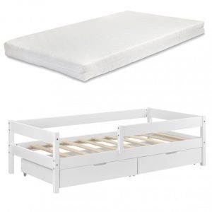 Décoshop26 Lit pour enfant avec barrière anti-chute sommier matelas et tiroirs de rangement bois de pin blanc 90x200 cm 03_0005421