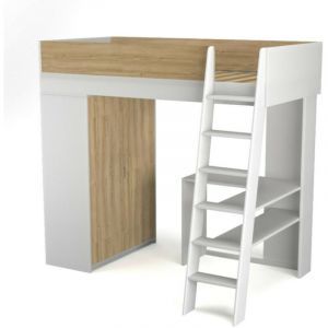 Lit mezzanine combiné 90x190 cm effet bois blanc et bois