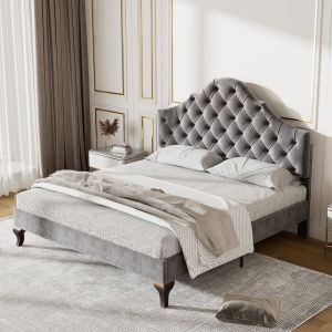 Image de Lit capitonn¨ simple 140x200cm en velour gris, T¨ºte de lit r¨glable, Sommier ¨¤ lattes en bois, pour fille, Style scandinave