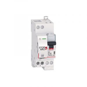 Legrand Disjoncteur DX STOP ARC 4500 6kA arriv&eacute;e haute auto et sortie basse borne &agrave; vis 1P+N 230V~ 10A courbe C 2 modules (415900)