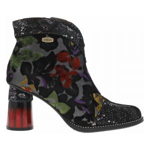 Laura Vita Boots FEMME en cuir noires en velours avec imprim&eacute; fleuri et talon rouge et noir