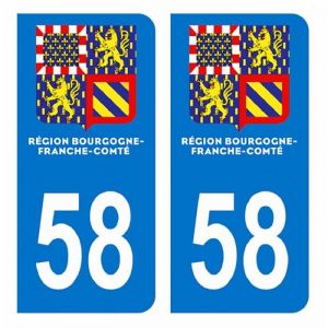 Autocollants Stickers plaque immatriculation voiture auto d&eacute;partement 58 Ni&egrave;vre Logo Bourgogne-Franche-Comt&eacute; Nouveau modele