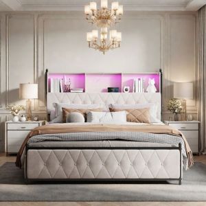 Lit coffre - TANANT - Lit capitonn&eacute; en velours - 160x200 cm - T&ecirc;te de lit avec LED - 4 tiroirs de rangement