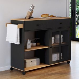 Idmarket Desserte de cuisine ACHILLE XXL avec étagère et placard vitré bois et noir L. 100 CM