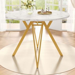 Table &agrave; manger ronde pour 4 personnes, plateau en marbre, pieds en m&eacute;tal, id&eacute;ale pour la cuisine/salon, 100&times;100&times;76 cm, MDF, blanc et or