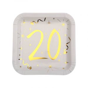 Axho 10 Assiettes en Carton Anniversaire - Blanc et Or - 20 ans