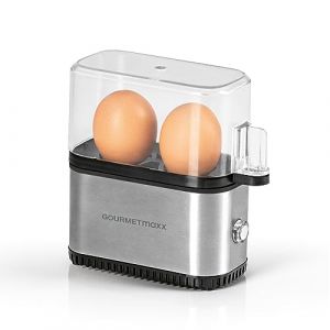 Gourmet Maxx Cuit-œufs pour 2 œufs | Egg Cooker électrique à économie d'énergie | Oeufs parfaits pour le petit déjeuner | Avec bol doseur & oeuf-pick | Design compact & sans BPA [Acier inoxydable]