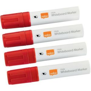Nobo Marqueurs Effaçables à Sec Glide pour Tableau Blanc, Pointe Biseautée Large 10mm, Lot de 4, 1915390, Rouge