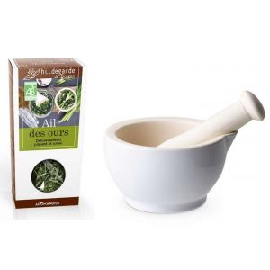 Mortier et pilon en gr&egrave;s blanc + Ail des ours Aromandise