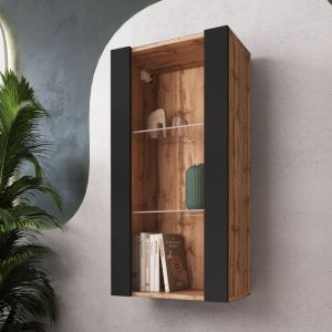 Komodee - Vitrine Suspendue Tivoli Vertical 100, Wotan/Noir, Sans led Largeur 100cm x Hauteur 50cm x Profondeur 29,5cm, 2 &eacute;tag&egrave;res en verre, pour