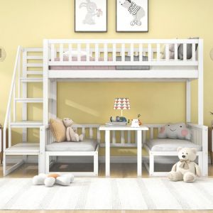 Lit superposé enfant 90 / 120 x 200 cm avec 1 table réglable et 2 canapé en bois, blanc