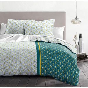 HOME LINGE P ION Parure de couette Rainbow 1 housse de couette 220 x 240 cm + 2 taies 65 x 65 cm Bleu vert, curry et blanc