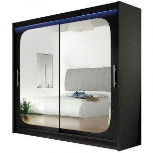 Armoire Atlanta 108, Noir, 215x180x58cm, Portes d'armoire: Glissement, led - Noir